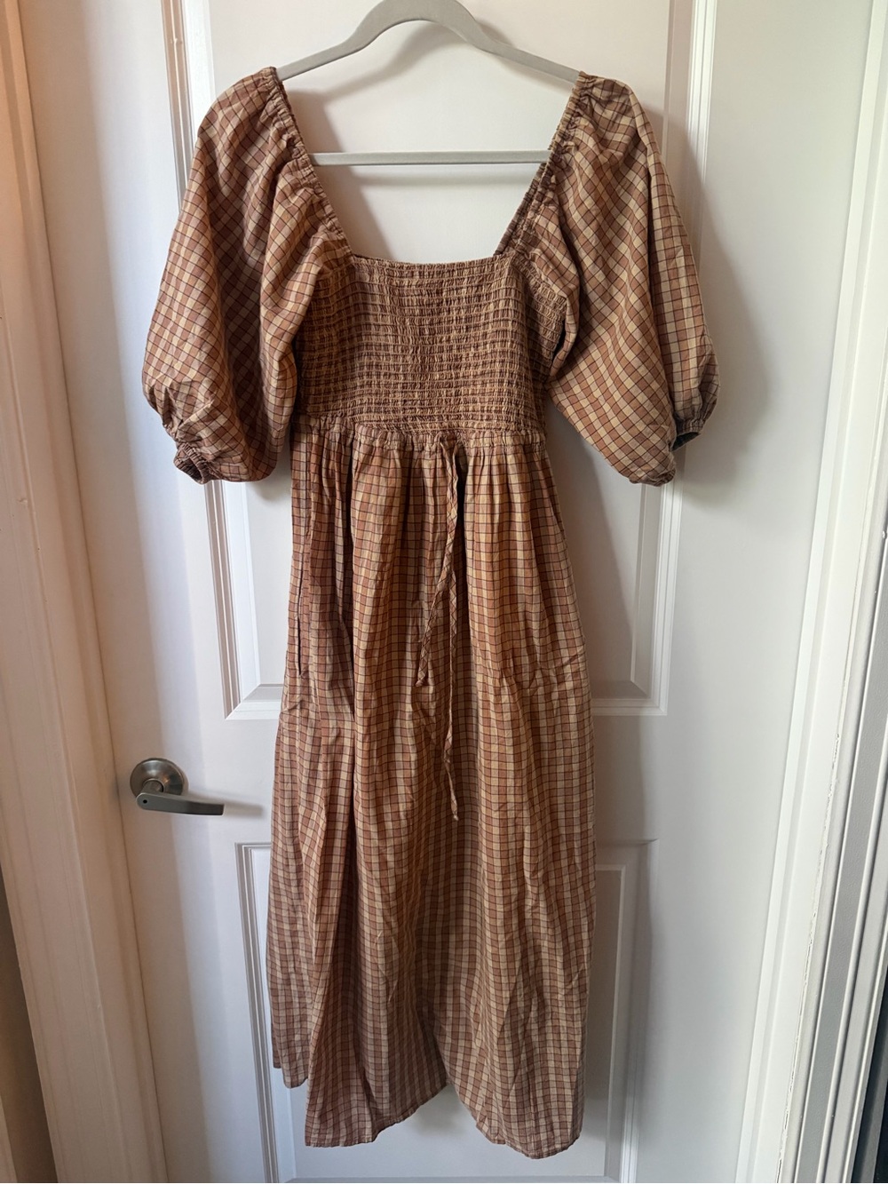Christy Dawn Katrina Brown Plaid Smocked Midi Dress